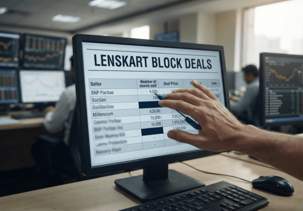 A medium shot of a computer monitor on a trading desk, showing a financial report titled 'LENSKART BLOCK DEALS' with a hand partially covering data.