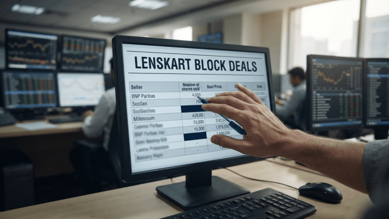 A medium shot of a computer monitor on a trading desk, showing a financial report titled 'LENSKART BLOCK DEALS' with a hand partially covering data.