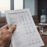 A close-up shot of a hand holding a financial report titled 'NUVAMA WEALTH STAKE SALE' on a conference table in an office.