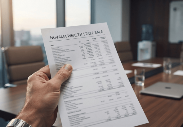 A close-up shot of a hand holding a financial report titled 'NUVAMA WEALTH STAKE SALE' on a conference table in an office.