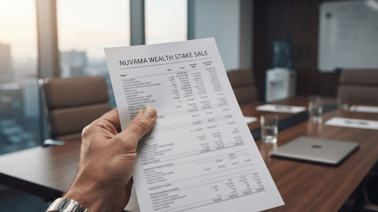 A close-up shot of a hand holding a financial report titled 'NUVAMA WEALTH STAKE SALE' on a conference table in an office.