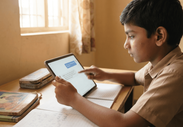 A 10-year-old Indian child touches a tablet screen displaying a generic AI tutor app, sitting at a wooden desk in a sunlit home.