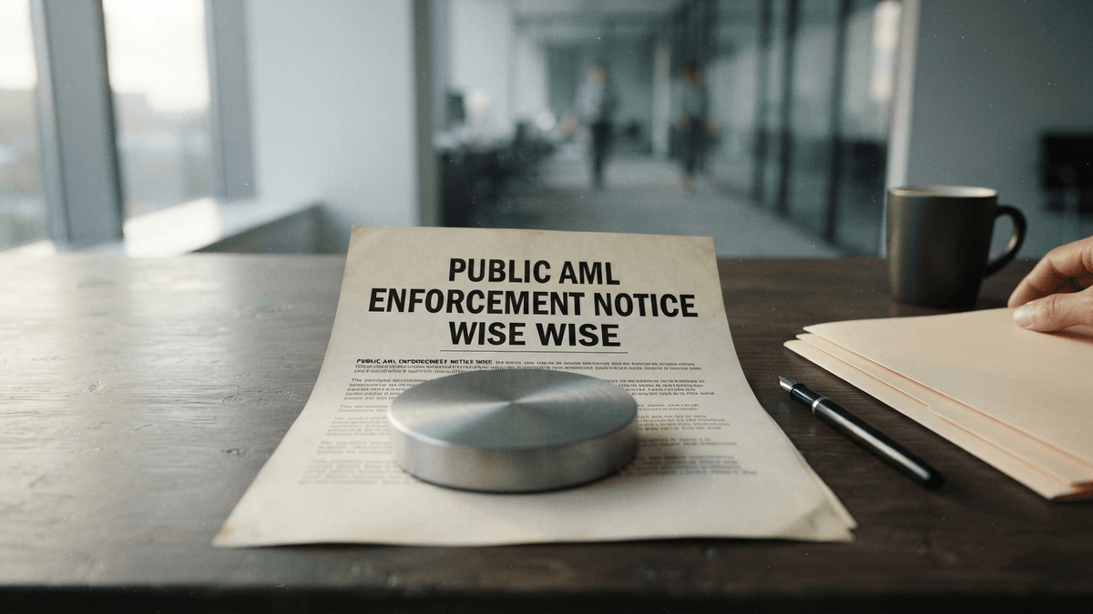 An official document on a desk with the headline 'PUBLIC AML ENFORCEMENT NOTICE WISE' partially covered by a paperweight.