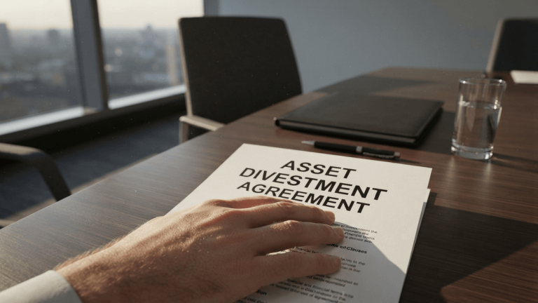 A close-up of a legal document labeled Asset Divestment Agreement sitting on a wooden table in a sunlit office.