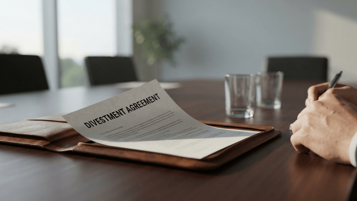 A document labeled 'DIVESTMENT AGREEMENT' rests on a wooden table in a sunlit office.