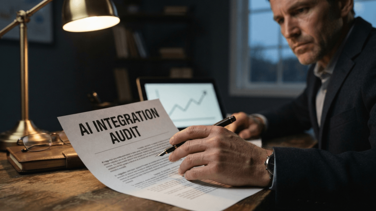 A person's hand holds a document titled 'AI INTEGRATION AUDIT' in a dimly lit office.