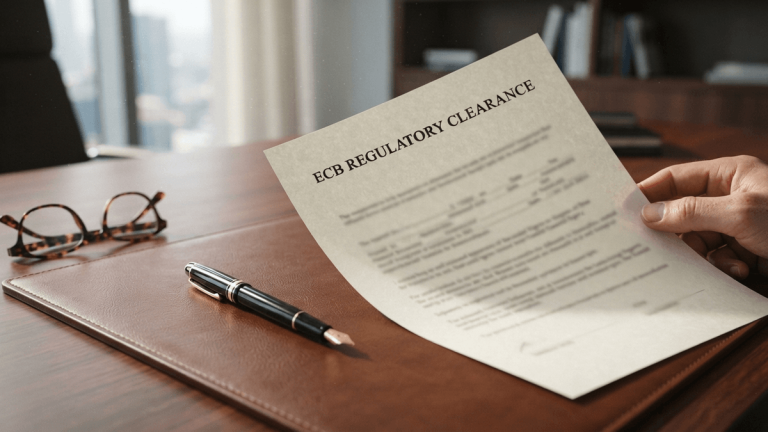 A close-up of an official regulatory document on a desk, with the title 'ECB REGULATORY CLEARANCE' clearly visible.