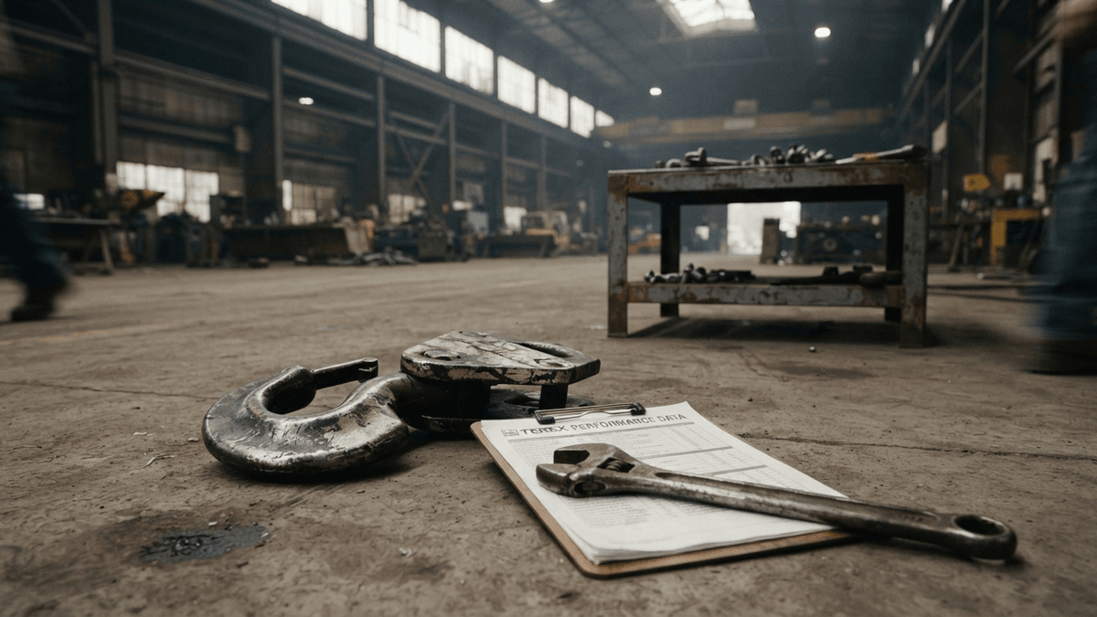 A large steel crane hook sits on a concrete floor next to a clipboard with the title 'TEREX PERFORMANCE DATA'.
