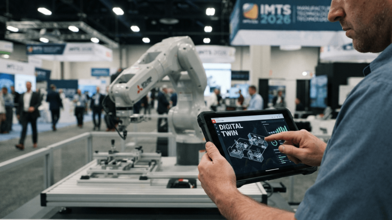 A person uses a tablet to control a digital twin interface at the Mitsubishi Electric booth at IMTS 2026.