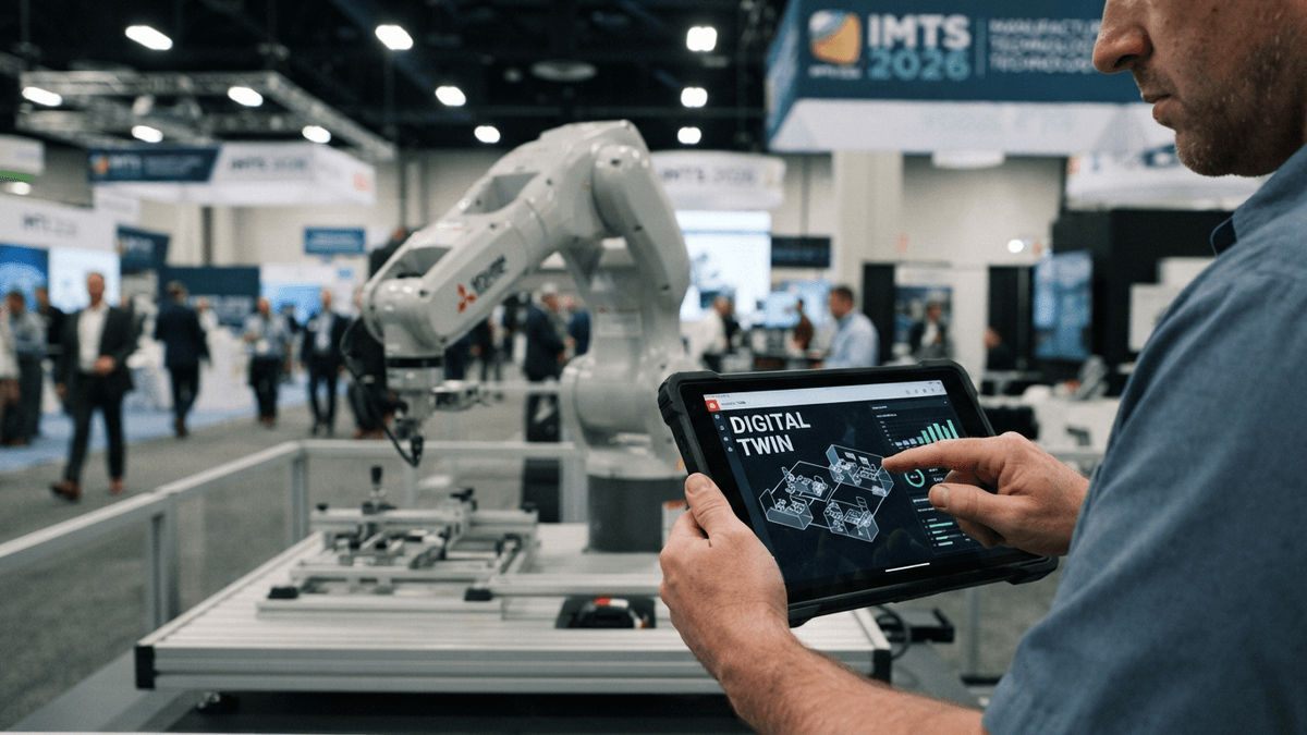 A person uses a tablet to control a digital twin interface at the Mitsubishi Electric booth at IMTS 2026.