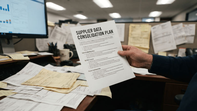 A hand holds a document titled "SUPPLIER DATA CONSOLIDATION PLAN" over a desk covered in disorganized paper invoices.