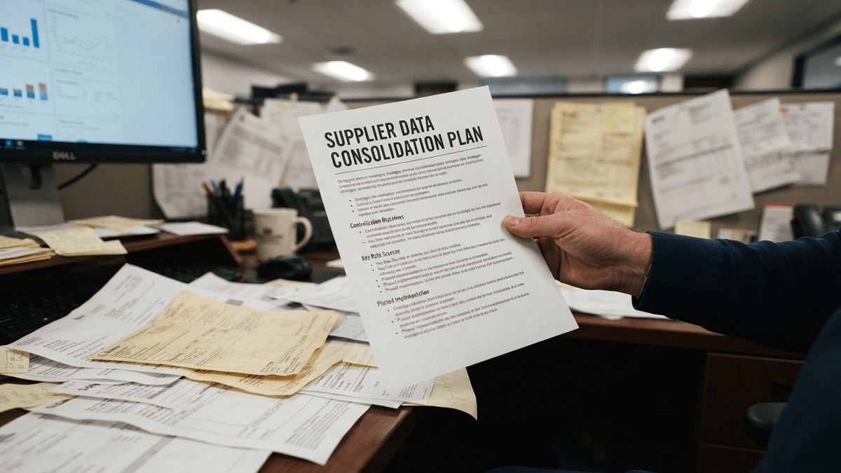 A hand holds a document titled "SUPPLIER DATA CONSOLIDATION PLAN" over a desk covered in disorganized paper invoices.