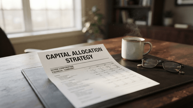 A close-up of a financial document titled 'CAPITAL ALLOCATION STRATEGY' on a desk with glasses and a coffee mug.
