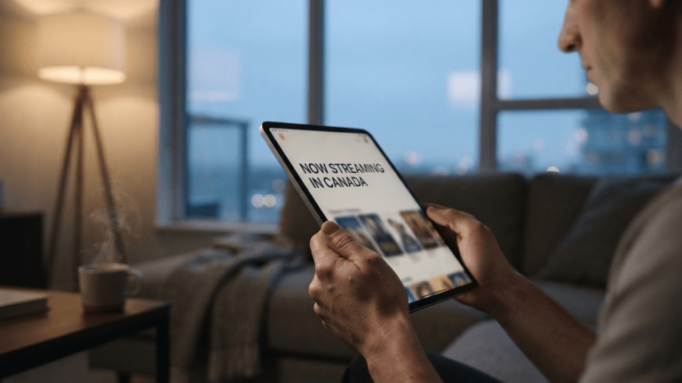 A person holds a tablet in a modern living room, the screen displaying a message about streaming availability in Canada.
