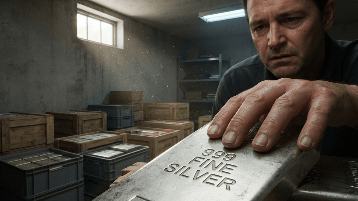 A close-up of a hand holding a silver bullion bar in a storage room, with inventory bins in the background.