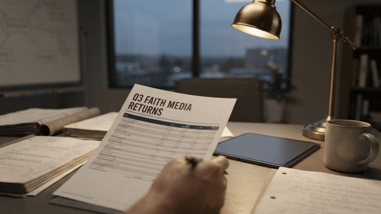 A close-up of a financial report titled Q3 FAITH MEDIA RETURNS on a desk with film scripts and a lamp.