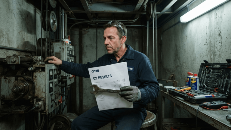 A service technician holds a report titled 'OTIS Q2 RESULTS' in an elevator machinery room with pulleys and steel cables.