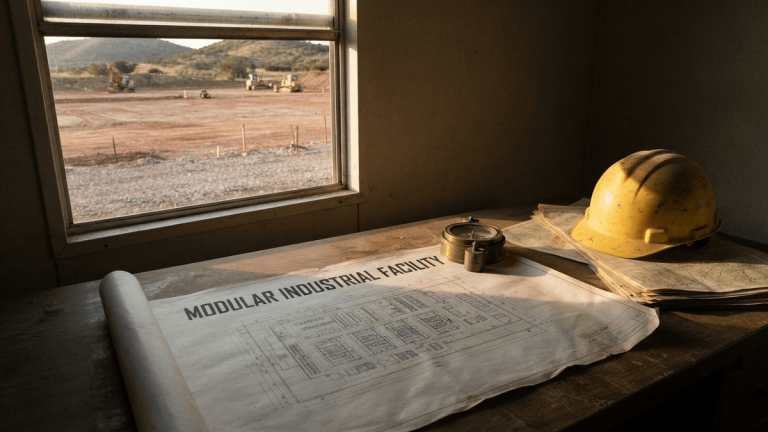 A dusty construction office desk holds a blueprint for a modular facility, with an empty building plot visible outside.