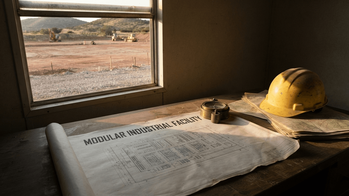 A dusty construction office desk holds a blueprint for a modular facility, with an empty building plot visible outside.