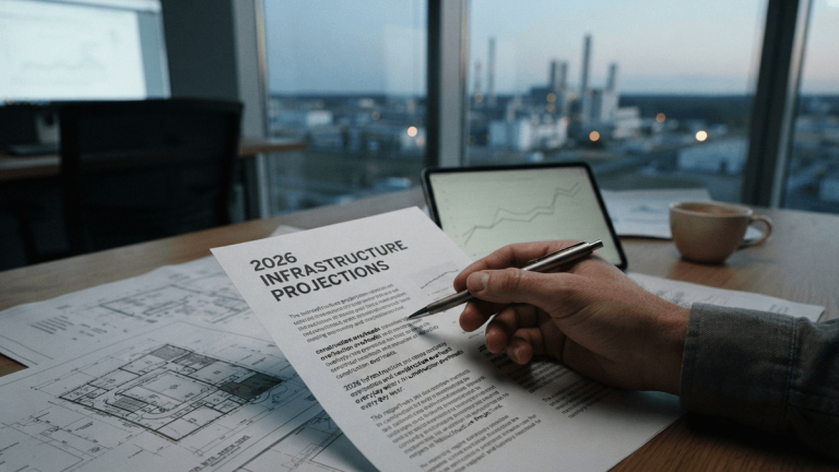 A person's hand holding a pen over a report titled '2026 INFRASTRUCTURE PROJECTIONS' on a desk with blueprints.