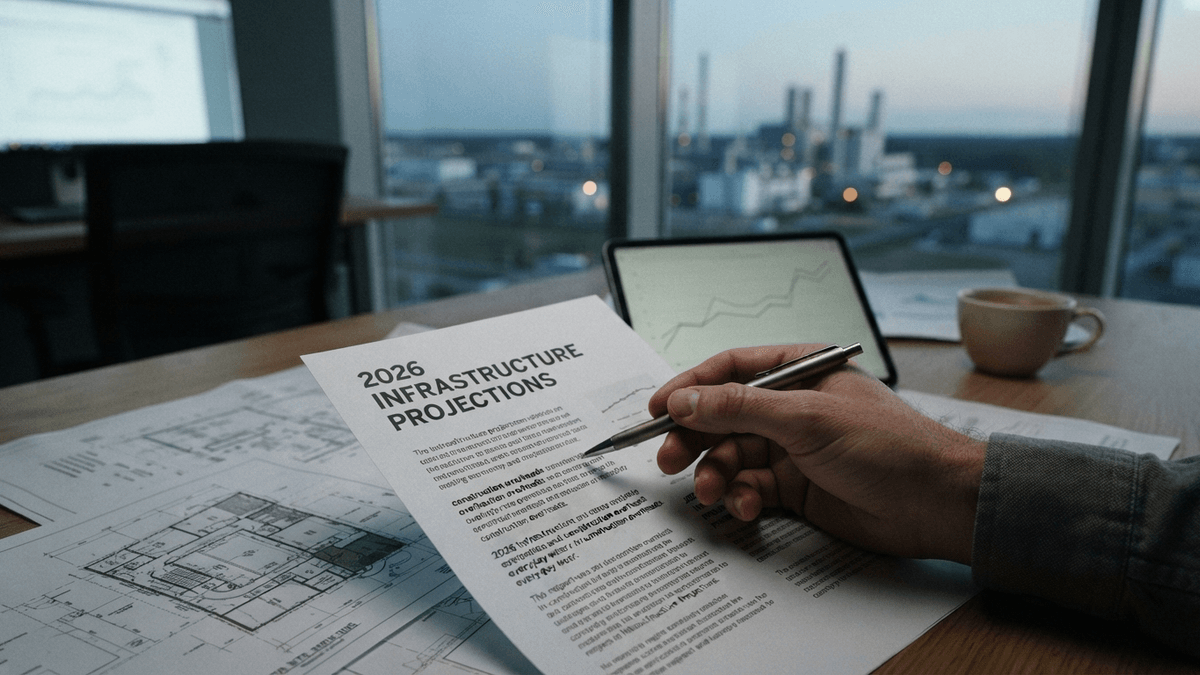 A person's hand holding a pen over a report titled '2026 INFRASTRUCTURE PROJECTIONS' on a desk with blueprints.