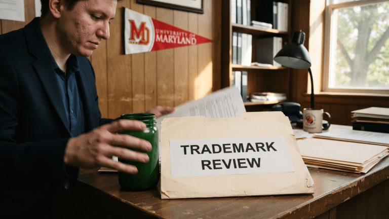 A manila folder labeled 'TRADEMARK REVIEW' sits on a desk next to an unbranded green glass jar in an office.