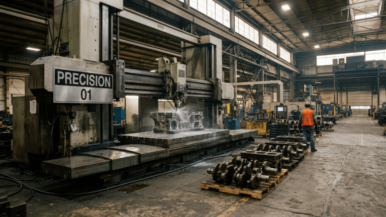 A wide-angle shot of a large double-column machining center in a factory with finished metal parts on pallets.