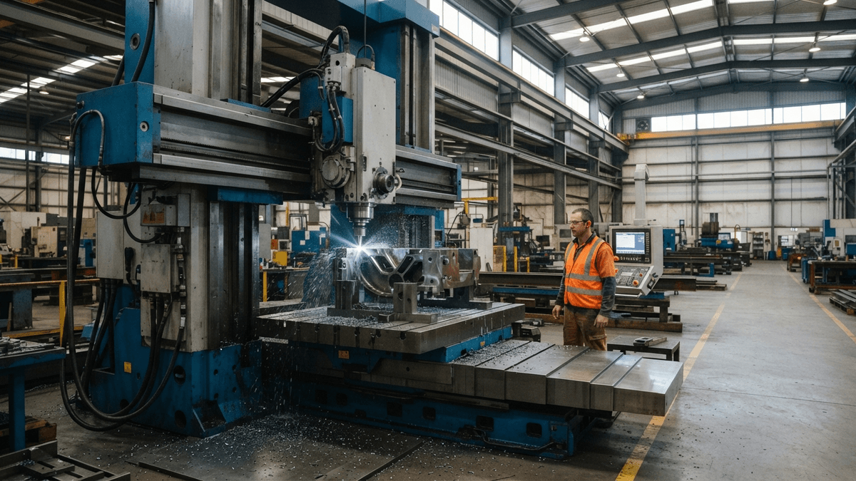 A large industrial double-column machining center cuts a metal part while a technician monitors the process nearby.