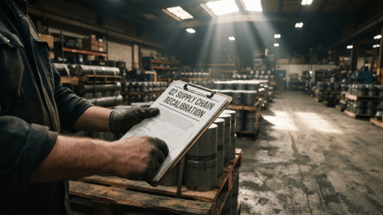 A clipboard with a Q2 supply chain report rests on a steel cylinder in a warehouse with afternoon light.