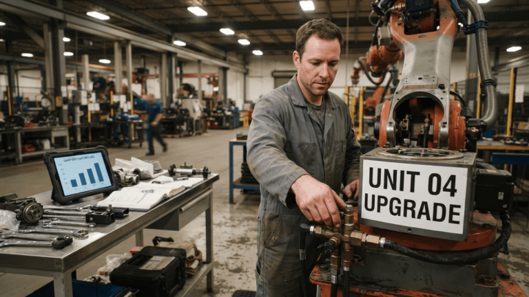 A technician adjusts a robotic arm during an industrial facility upgrade, with a label reading UNIT 04 UPGRADE visible.