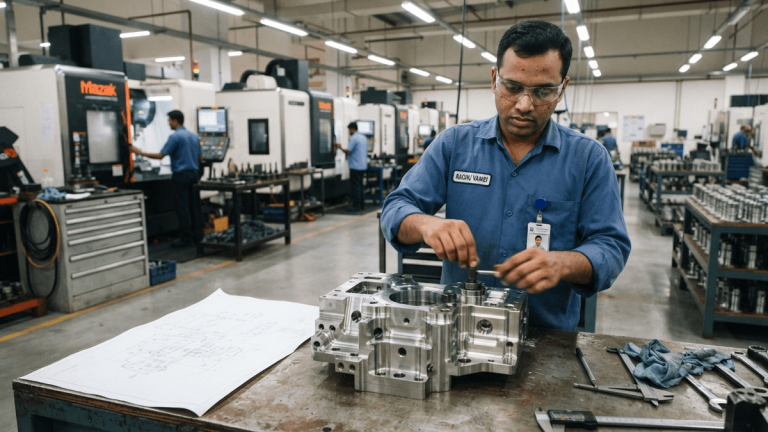 A technician works on a metallic defense component in a precision aerospace manufacturing facility.