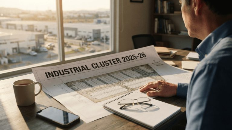 A close-up of an industrial site plan on a desk with the text 'INDUSTRIAL CLUSTER 2025-26' at the top.