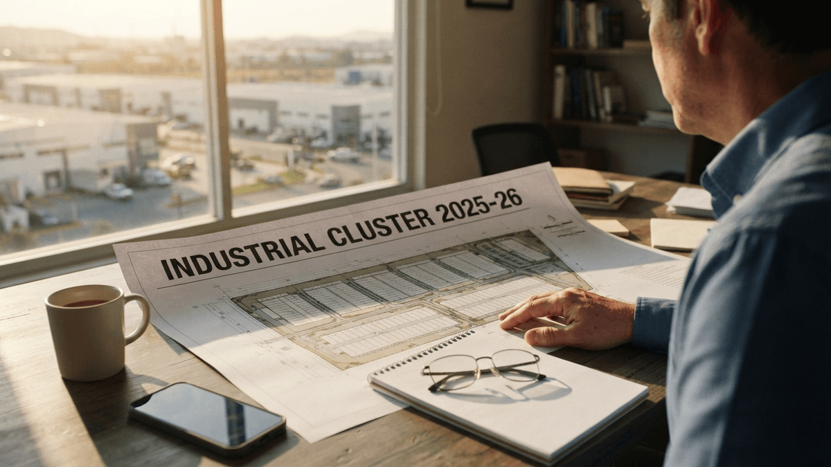 A close-up of an industrial site plan on a desk with the text 'INDUSTRIAL CLUSTER 2025-26' at the top.