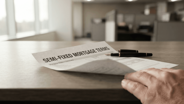 A close-up of a mortgage document on a desk, highlighting the term 'SEMI-FIXED MORTGAGE TERMS' in clear, large text.