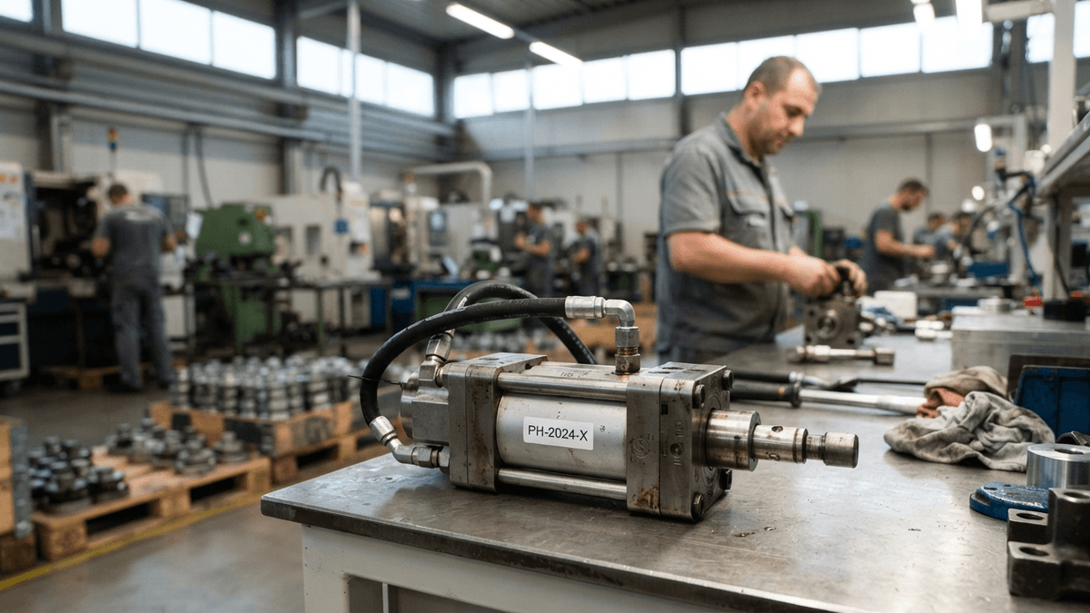 A close-up shot of a hydraulic actuator on a workbench with a label reading PH-2024-X, factory floor in the background.