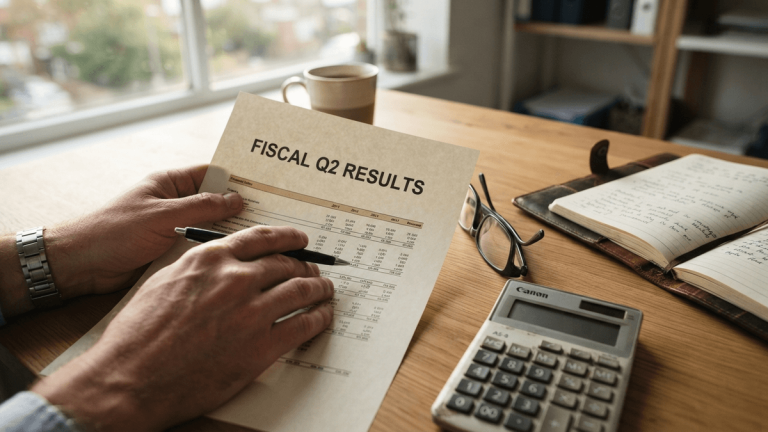 A hand holds a pen over a financial document titled 'FISCAL Q2 RESULTS' on a desk with glasses and a calculator.