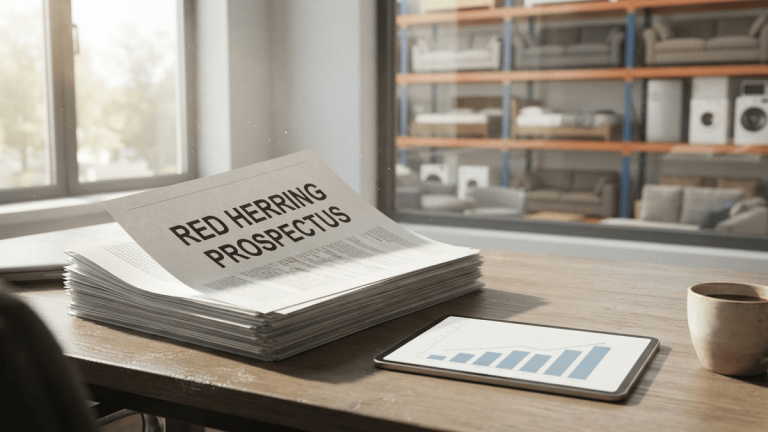 A red herring prospectus document sits on a desk in a bright office, with warehouse furniture visible in the background.
