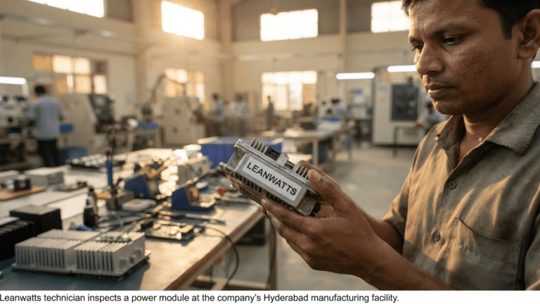 A worker holds a power module with a Leanwatts label at a workshop workbench in Hyderabad.