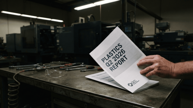 A printed report sits on a metal workbench in a quiet plastics factory with idle machinery in the background.