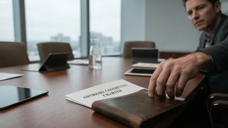 A document titled ADVISORY COMMITTEE CHARTER sits on a boardroom table next to generic tablets.