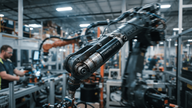 A close-up view of a metallic shock absorber mounted on a robotic arm in a manufacturing facility.