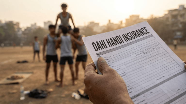 A person holds an insurance enrollment form for Dahi Handi participants at an outdoor training site.