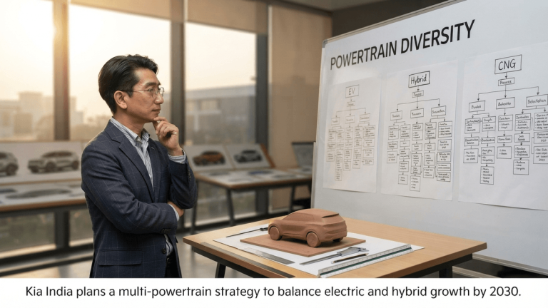 A whiteboard in a design studio displays a powertrain strategy chart with a large heading, near a scale model car.