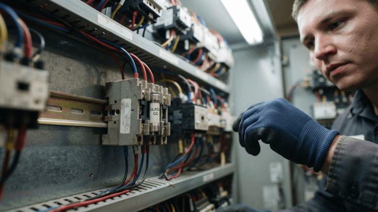 Close-up of a Class CC cartridge fuse in an industrial control cabinet with wiring in the background.