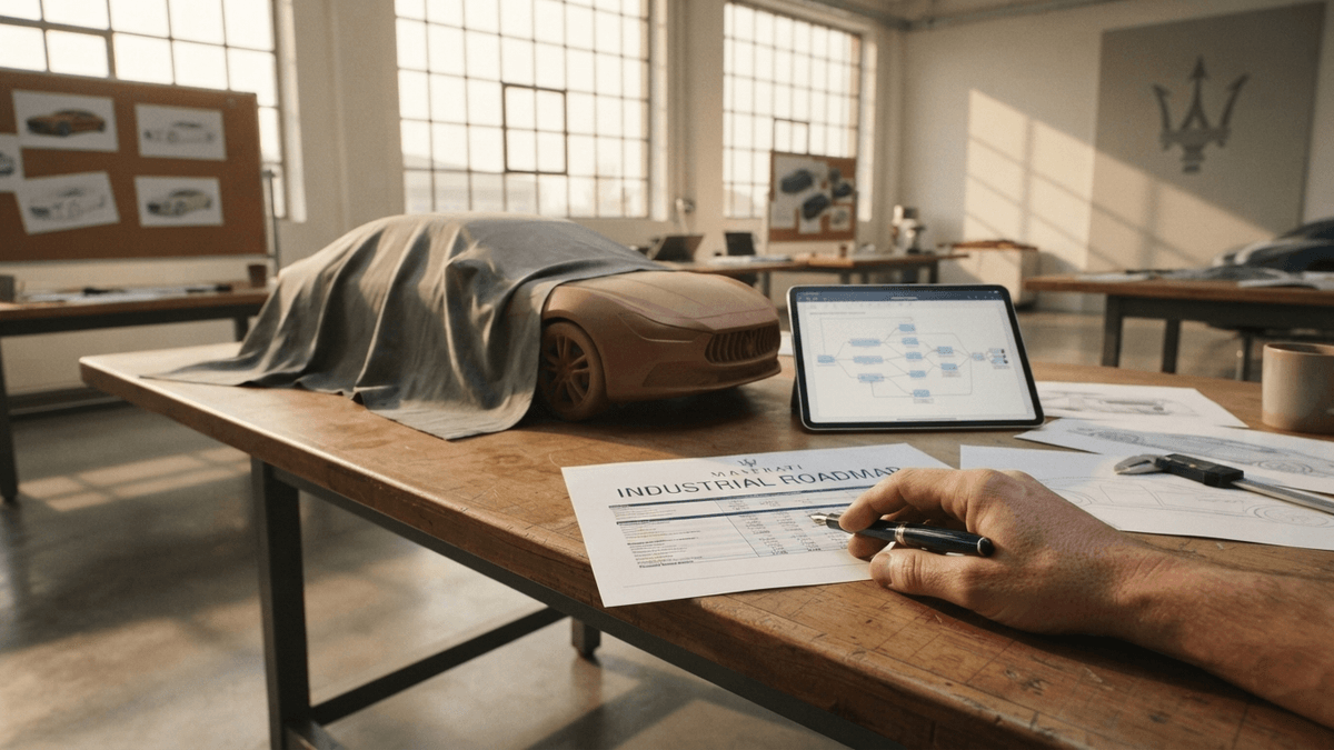A printed document titled "MASERATI INDUSTRIAL ROADMAP" lies on a wooden table beside a clay car model and a tablet.