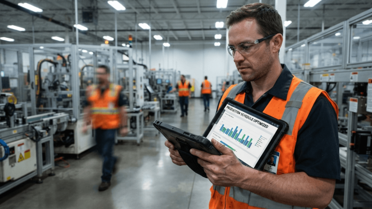 A production worker in a safety vest holds an industrial tablet displaying a manufacturing schedule in a factory.