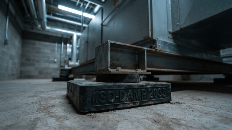 A close-up of a black vibration isolation pad under a heavy industrial HVAC unit with a label reading ISO-DAMP 2035.