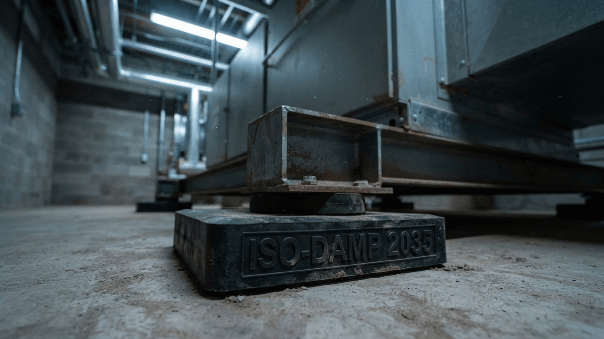 A close-up of a black vibration isolation pad under a heavy industrial HVAC unit with a label reading ISO-DAMP 2035.