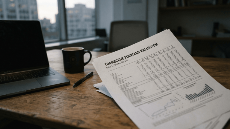 A printed report titled Transcene Forward Valuation sits on a desk next to a coffee mug in an office.