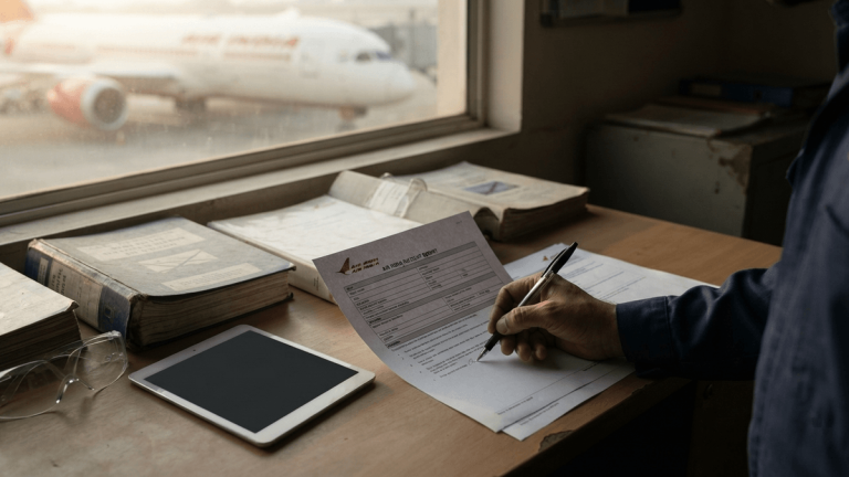 A close-up of an Air India incident report on a desk, partially obscured by a hand, with technical manuals nearby.